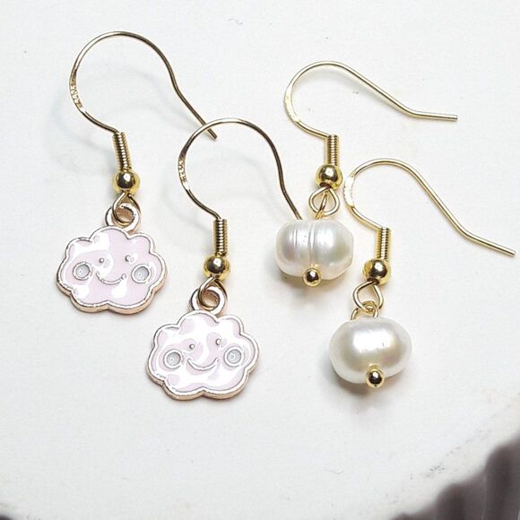 Boho Earrings  127# Freshwater Pearls 2PairSet Goldplate 925 SilverHooksStamp Bo - Picture 1 of 6